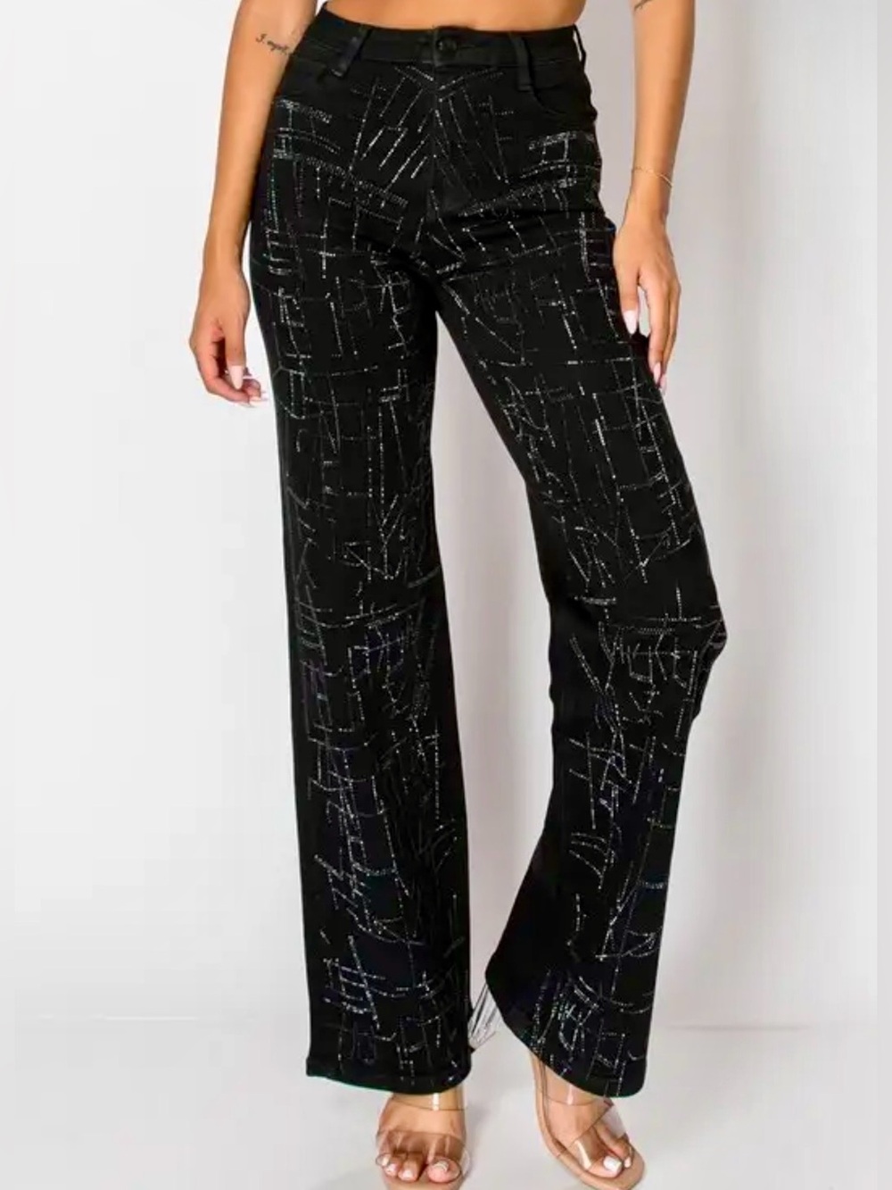 Embellished Straight Cut Black Denim Jeans